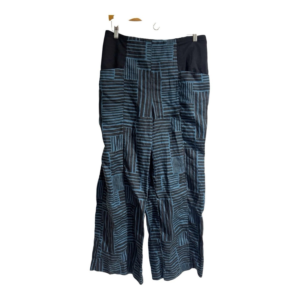 Handmade Women Medium Black Black Patchwork Pattern Linen Wide Leg Boho